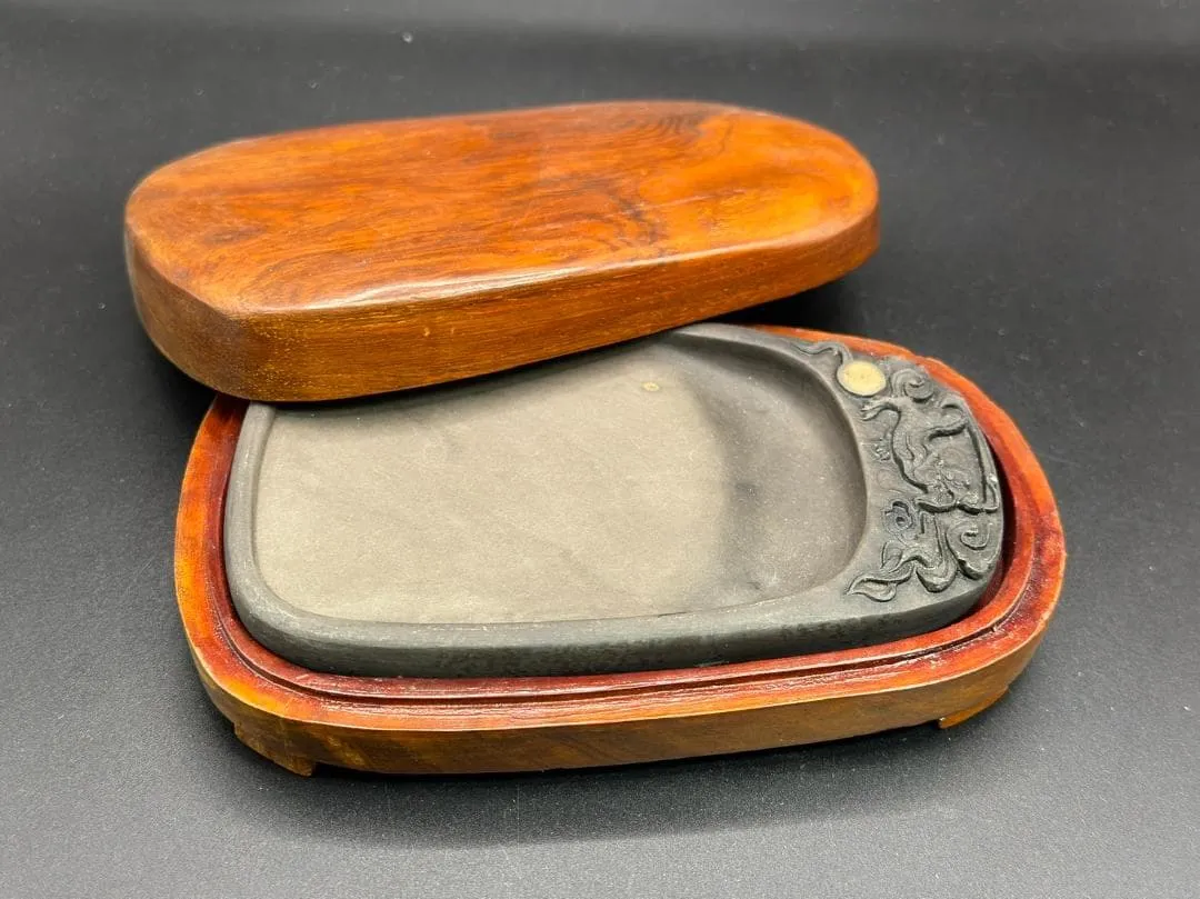 木製楕円形硯箱・硯 すずり